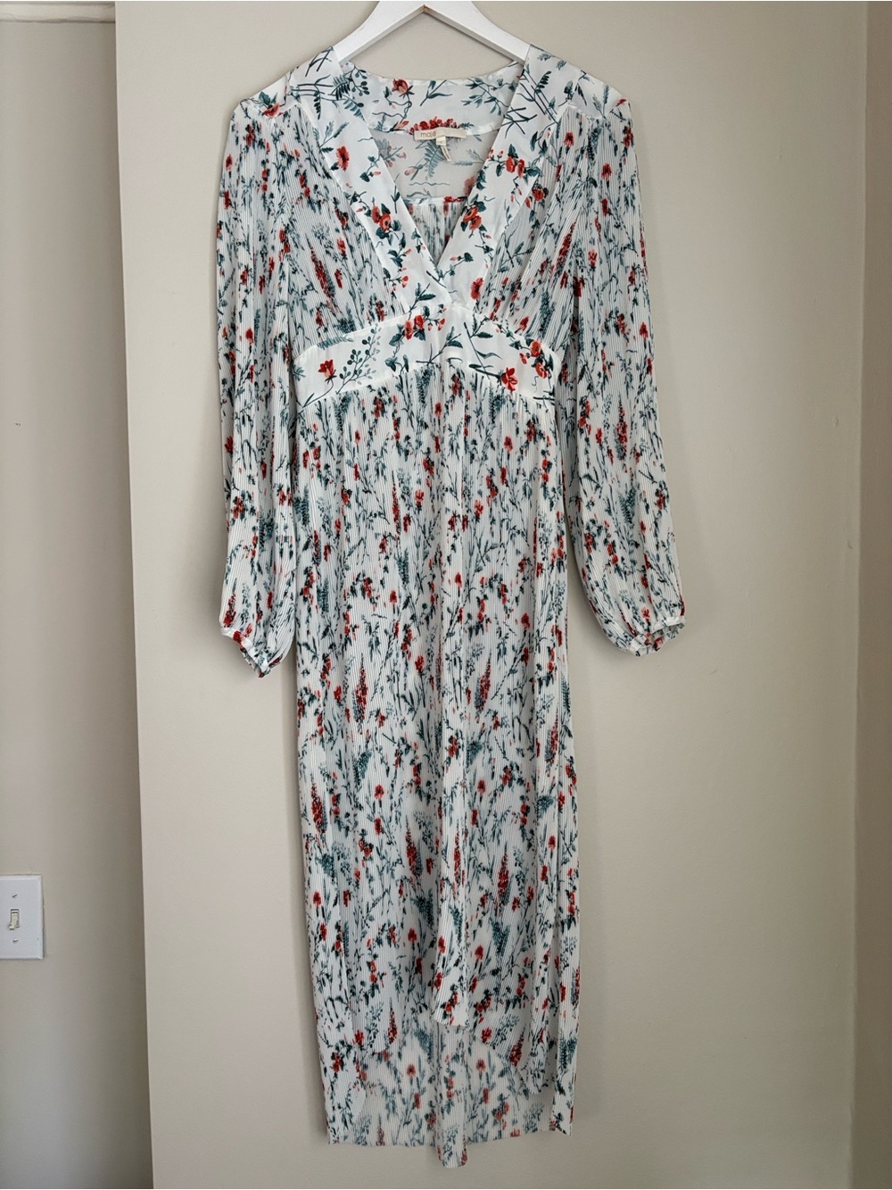 Maje Rasiona Dress, White Maxi Dress with Red Floral & Green Foliage